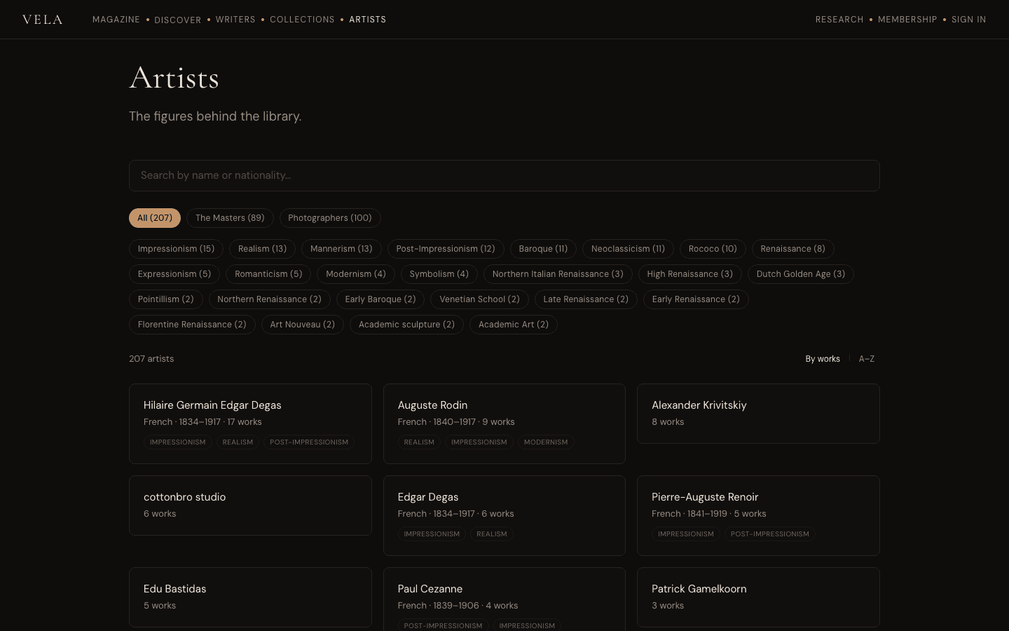 Vela artists directory