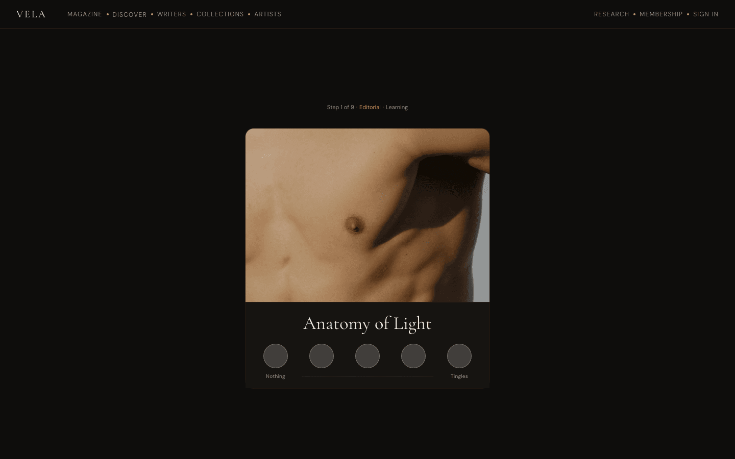 Vela player with figure image and Nothing to Tingles rating scale
